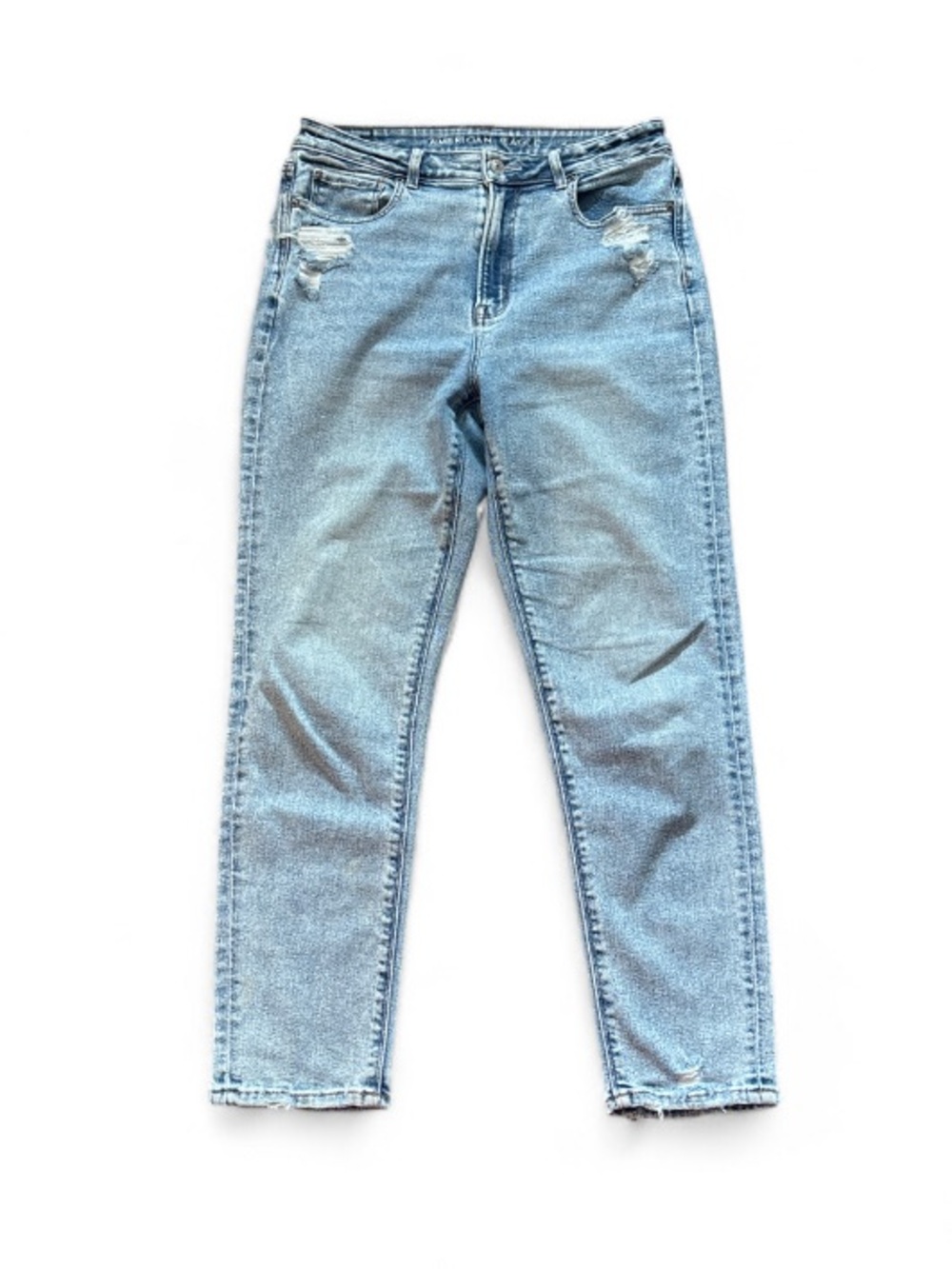 American Eagle Mom Jean High-Rise Stretchy Light Blue Distressed Women’s Size 8